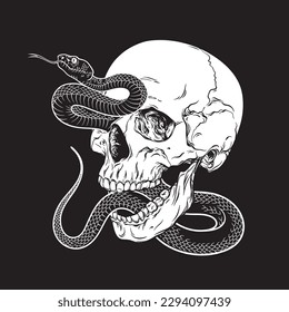 Human skull with poison snake isolated flash tattoo or print design hand drawn line art vector illustration