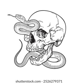 Cráneo humano con la serpiente del veneno aislada del tatuaje del destello o diseño de la impresión dibujado a mano Ilustración vectorial del arte de la línea