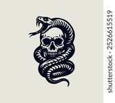 Human skull with a poisonous snake. Hand drawn line drawing. Vector art