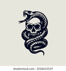 Human skull with a poisonous snake. Hand drawn line drawing. Vector art