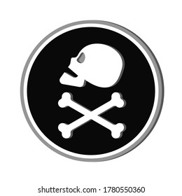 Calavera humana de perfil y huesos cruzados. Ilustración aislada de estilo plano en el círculo negro. Signo de veneno y símbolo para el diseño. Una imagen de peligro para los humanos. Icono del peligro para la vida. Vector.
