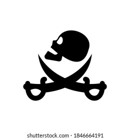 Human skull in profile and crossed sabers. Pirate sign and symbol for design. Isolated illustration in flat style on white background. An image of danger to humans. Icon of hazard to life. Vector.
