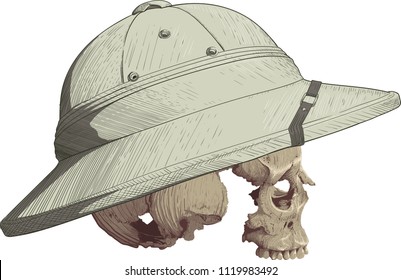 human skull in profile without mandible clad in tropical cork helmet painted as engraving isolated on white background