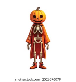 human skull with pumpkin face wearing halloween costume on white background