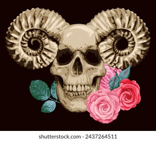 human skull with ram horns and rose flowers. The symbol of Satanism Baphomet