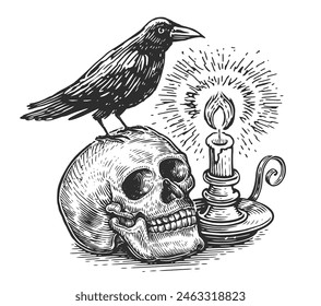 Human skull with raven on its head, burning candle in candlestick. Clipart hand drawn sketch vector drawing