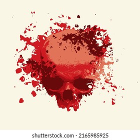 Human Skull With Red Blood Spots And Splashes. Graphic Print For Clothes, Fabric, Wallpaper, Wrapping Paper, Design Element For Halloween Party
