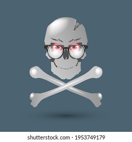 Human skull with red eyes in glasses and crossed bones on a dark background with a shadow