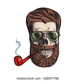 Human skull with red hipster beard, wearing aviator sunglasses, smoking pipe, sketch vector illustration isolated on white background. Hand drawing of human skull with hipster hair, beard and whiskers