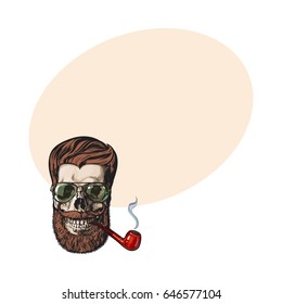 Human skull with red hipster beard, wearing aviator sunglasses, smoking pipe, sketch vector illustration with space for tex. Hand drawing of human skull with hipster hair, beard and whiskers