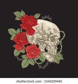 Human skull with red roses flowers. Vector illustration on black background. Vintage engraving.