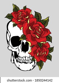 Human skull with red roses in old school tattoo style, vector drawing