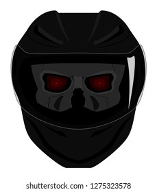 Human skull with red ruby laser eyes in black full face motorcycle helmet with smoked visor face view isolated on white color vector illustration 