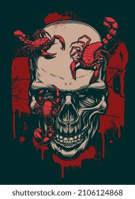 Human skull with red scorpions on the abstract background. Digital ink vector drawing. 