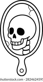Human skull reflection inside a vintage hand mirror vector line art icon illustration isolated on a white background.