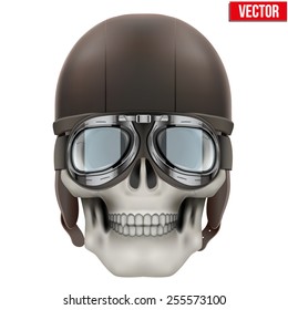 Human skull with retro aviator or biker helmet. Vector Illustration on isolated white background