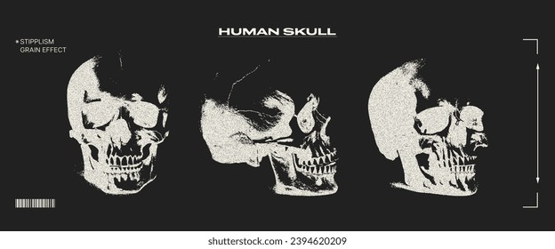 Human skull with retro photocopy negative effect. Trendy retro aesthetics of the 90s-2000s. Elements for the design of posters, banners, cards.	