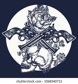 Human skull and revolvers t-shirt design. Symbol of the wild west, robber, crime 