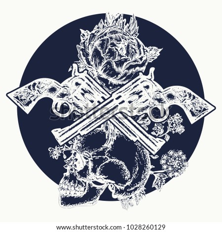 Human skull and revolvers t-shirt design. Symbol of the wild west, robber, crime