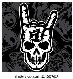 Human skull with rocker gesture from above on the background. Vector illustration. Element for design.