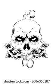 Human skull with rose and bone vector illustration