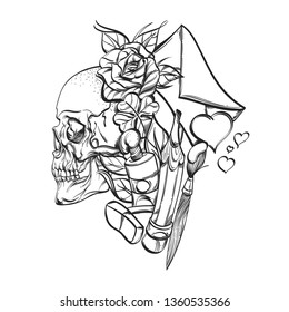 Human skull with rose, envelope and art accessories. Outline vector illustration isolated on white background for tattoos, coloring, print on T-shirts and much more.