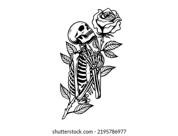 Human Skull with Rose Flower 