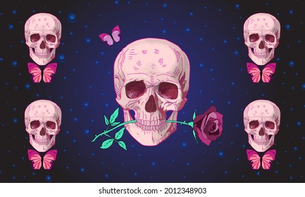 Human skull with rose flower and butterfly on hypnotic background. Cute gothic skull. Inspiration typography poster, hand drawn style t-shirt print. Vector illustration.