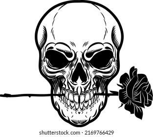 Human skull with a rose flower in a mouth. Vector illustration in tattoo style or shirt design.