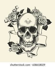 Human skull with rose flower in mouth against curved ribbon with phrase StayTrue. Vector illustration in vintage engraving or woodcut style for poster, tattoo, banner, advertisement, print.