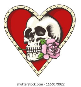 Human Skull with Rose flower in Red Heart Shaped Hole drawn in tattoo style. Vector illustration. 