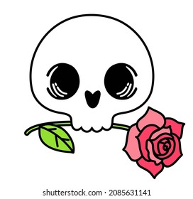 Menschlicher Schädel mit einer Rose in den Zähnen. Cut menschlichen Schädel Tattoo Konzept mit Rosenblumen einzeln Vektorgrafik. Handgezeichnete Vektorgrafik für Ihr romantisches oder gotisches Design.