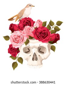 Human skull with roses