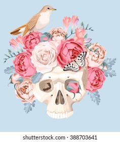 Human skull with roses