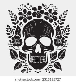 Human skull with roses black and white , vector illustration