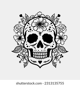 Human skull with roses black and white , vector illustration