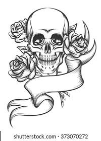 Human skull with roses and blank ribbon. Illustration in tattoo style isolated on white background