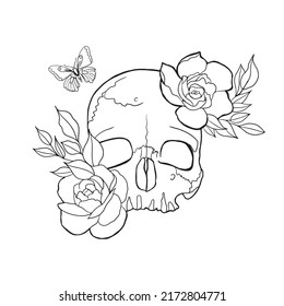 Human skull with roses drawing in tattoo style. Isolated on white. A skull with flowers. Can be used as a sketch of a tattoo. Line art. Alchemy, religion, spirituality, occultism, tattoo art.