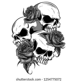 Human skull with roses drawn in tattoo style. Isolated on white.