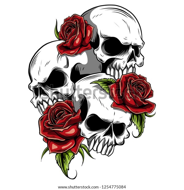 Human Skull Roses Drawn Tattoo Style Stock Vector (Royalty Free) 1254775084