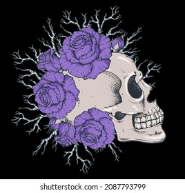Human Skull and roses flowers hand drawn illustration. Sketch illustration. Tattoo vintage print. Skull and roses. T-shirt design.