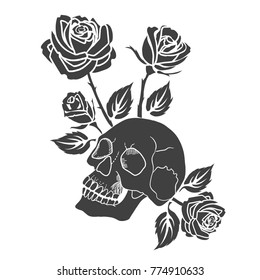  Human skull and roses flowers tattoo. Black silhouette vector illustration.