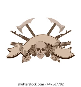 Human skull with roses and and guns, weapon, blank ribbon. Illustration in tattoo style isolated on white background