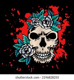 Human skull with roses. Hand drawing illustration. 