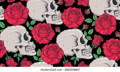 Human Skull and roses seamless pattern. Hand drawn vector illustration. Fabric design template. Skull background.