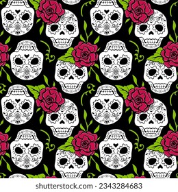 Human skull with roses seamless pattern design for Halloween textile, fabric, wrapping paper print