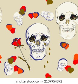 human skull, roses, tears, with a pattern of cute hearts. vector illustration.seamless pattern.for wallpaper,textiles,packaging,invitations. EPS 10