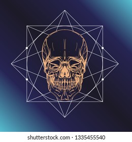 Human skull with sacred geometry symbols. Outline vector illustration on dark blue background for posters, websites, engraving and much more.
