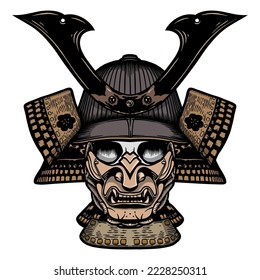 Menschlicher Schädel Samurai mit Maske