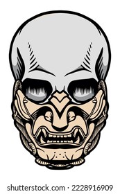 Menschlicher Schädel mit Samurai-Maske